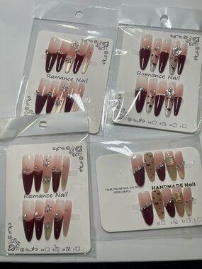 4 PACK! Romance & Handmade Press-On Nails Variety Burgundy & Crystal accents